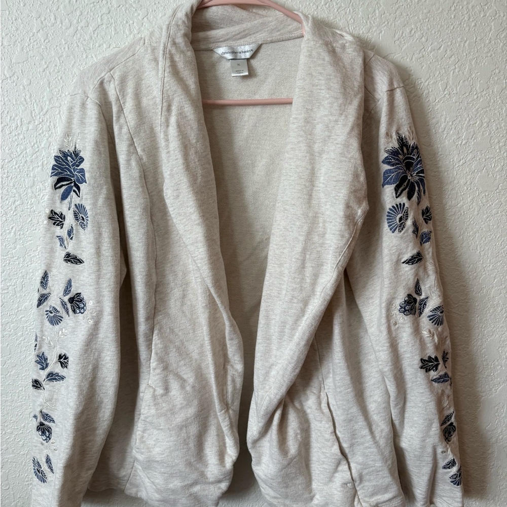 Elegant Cream Cardigan with Navy Floral Details